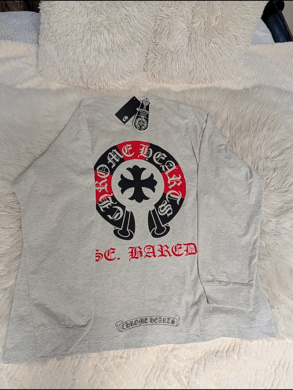 Chrome Hearts Gray Long Sleeve Tee with Black & Red Graphic